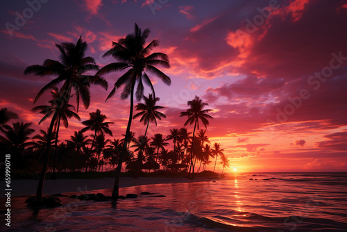 palm trees in pink sky on the sunset © Наталья Добровольска