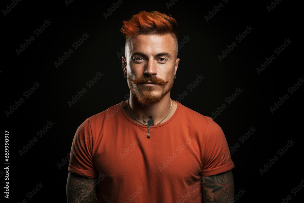 Portrait of a young european man with red moustache in support of men's health, with tattoos and red hair, member of movember global community, copy space 
