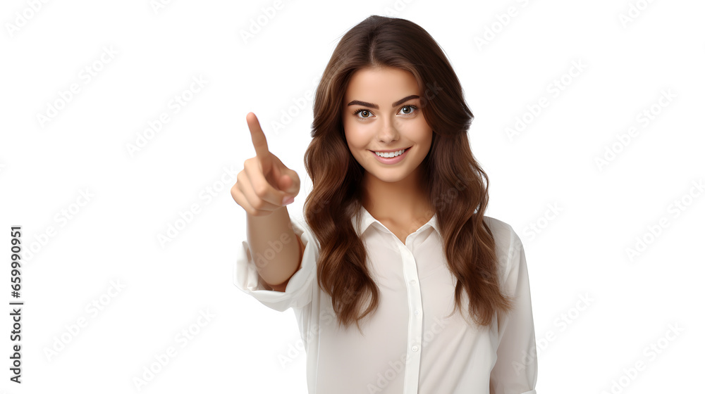 Cheerful woman points away on copy space. Free space for text Cheerful woman points away on copy space. Free space for text