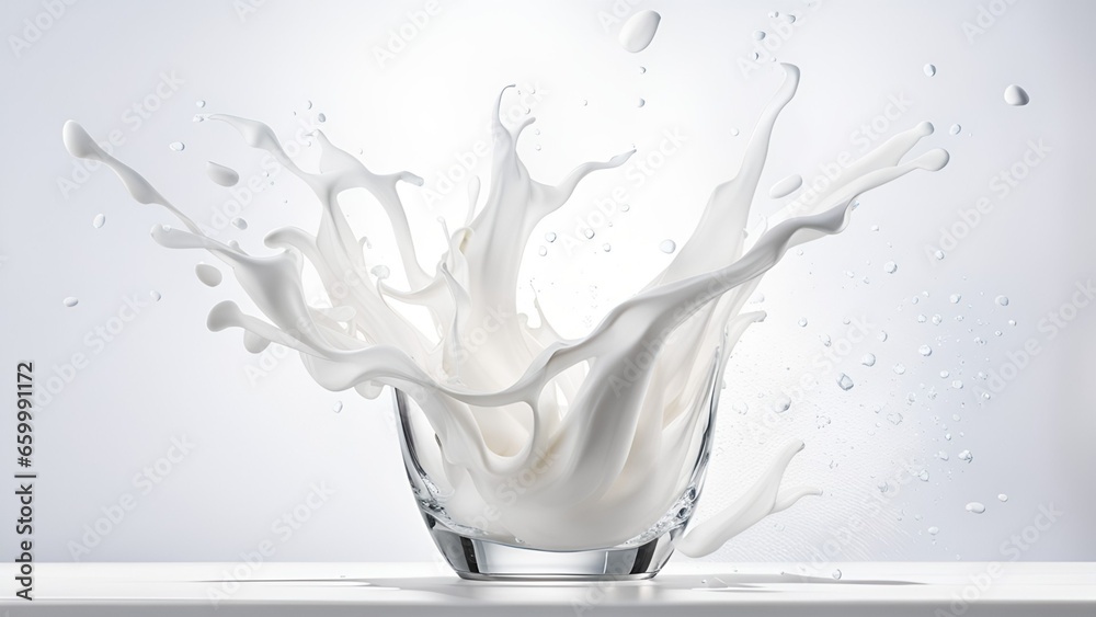 Pour fresh milk into a glass with a small splash. Isolated on a white background