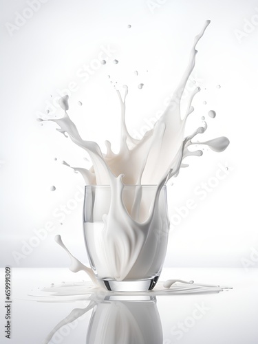Pour fresh milk into a glass with a small splash. Isolated on a white background