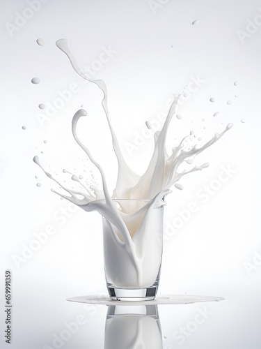 Pour fresh milk into a glass with a small splash. Isolated on a white background