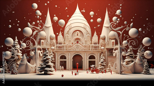White Christmas toy castle with festive ornaments background. Church, merry, miniature, holiday season Generated AI.