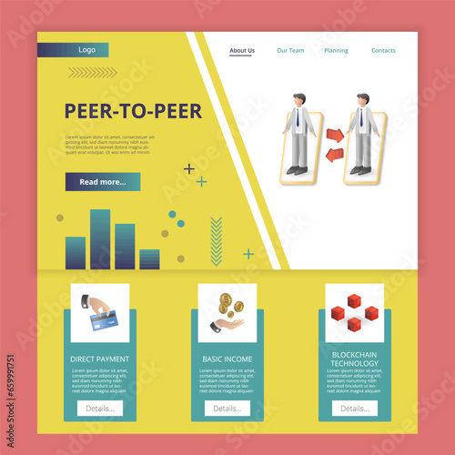 Peer-to-peer flat landing page website template. Direct payment, basic income, blockchain technology. Web banner with header, content and footer. Vector illustration.