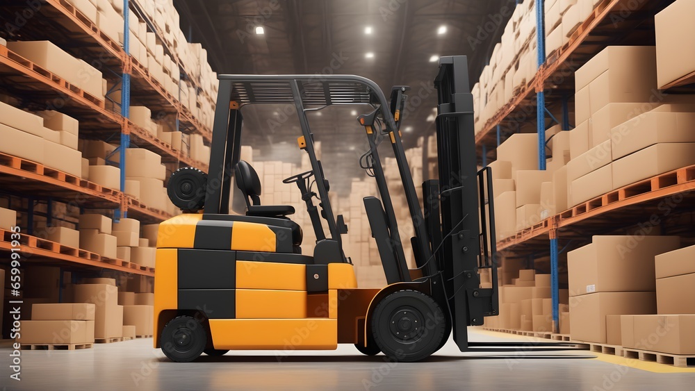 Forklift truck in warehouse. Logistics and distribution center for product delivery. Large retail warehouse filled with merchandise shelves, cartons and packaging on pallets.
