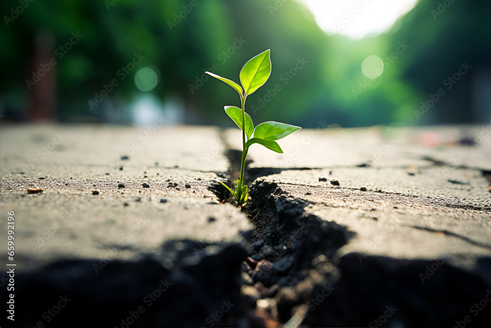Green plant growing through the cracked concrete road, hope concept - obrazy, fototapety, plakaty 