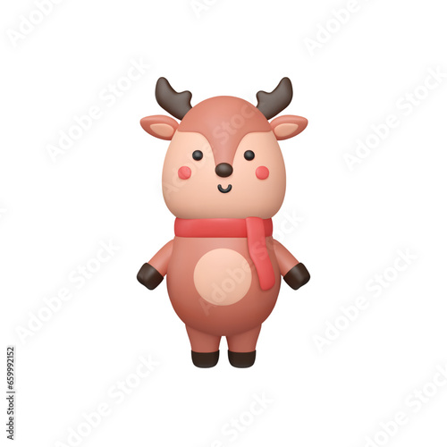 3d cute reindeer in plastic and plump style. Little Christmas deer with red scarf and pretty smiling face. Standing cartoon character. Vector isolated illustration.