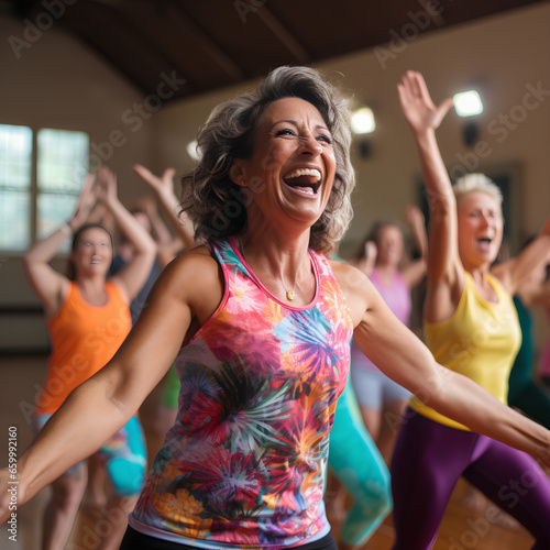 Middle-aged women enjoying a joyful dance class, candidly expressing their active lifestyle through Zumba with friends, Generative AI