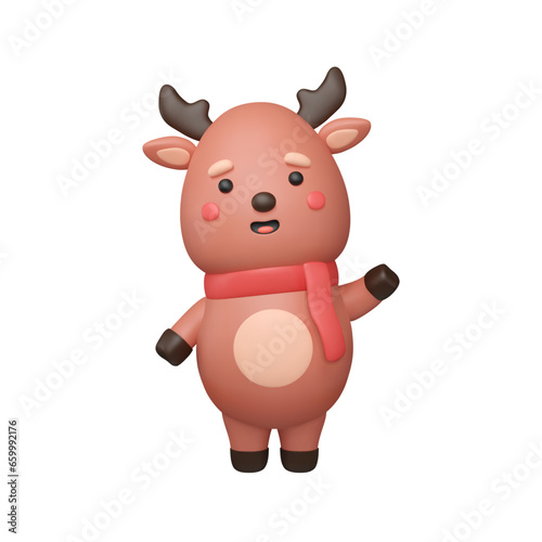 3d cute reindeer waving his hoof. Little Christmas deer with red scarf and pretty smiling face in plastic and plump style. Standing cartoon character gesture his hand. Vector isolated illustration.
