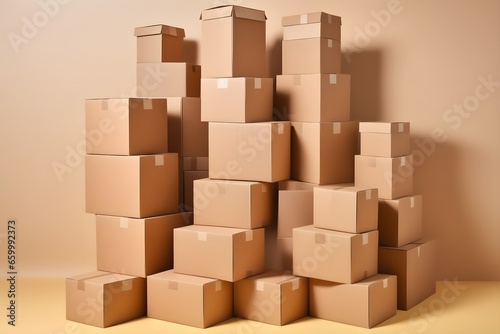 Huge pile of many cardboard plain boxes on a light background. Creative wallpaper concept of moving  housewarming  delivery company  transportation. Kraft boxes.