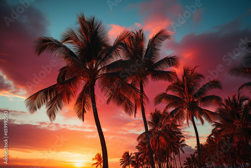 palm trees in pink sky on the sunset