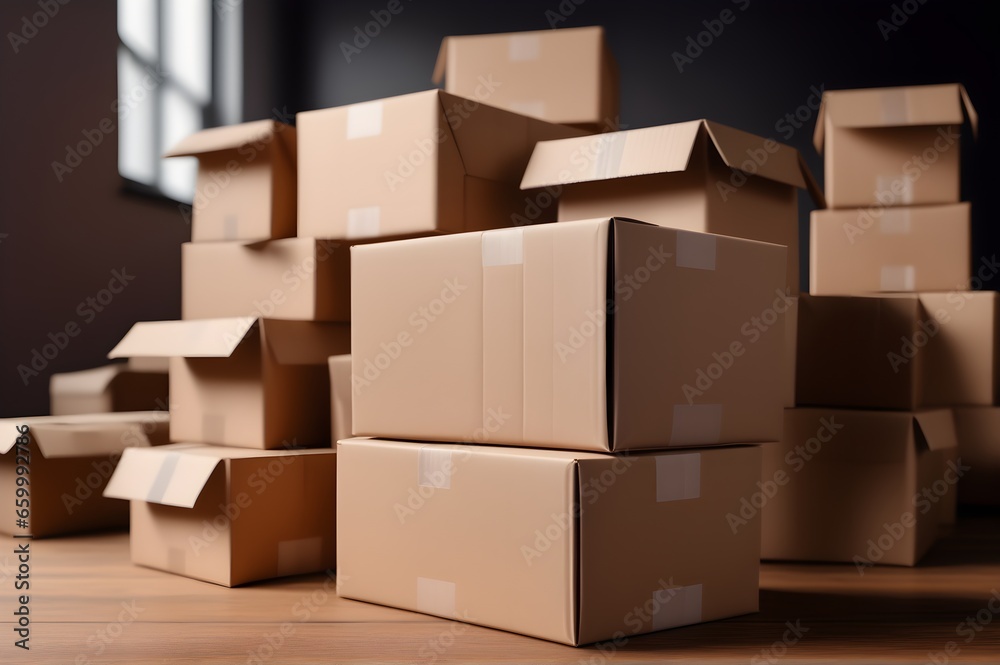 Stack of cardboard boxes indoors. Moving to new home, renovation, relocation, home staging, removals and delivery service.