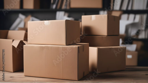 Stack of cardboard boxes indoors. Moving to new home, renovation, relocation, home staging, removals and delivery service. © 360VP