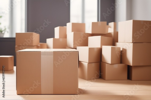 Stack of cardboard boxes indoors. Moving to new home, renovation, relocation, home staging, removals and delivery service. © 360VP