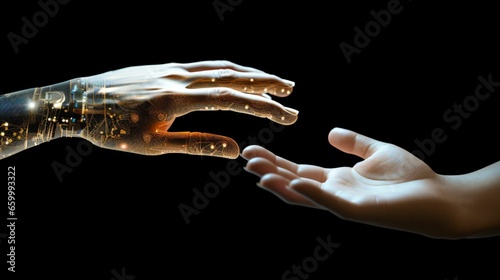 Human hand reaching for robotic hand. People and artificial intelligence technology concept. © Tazzi Art