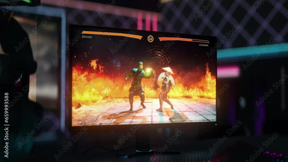 Colourful graphics of the modern digital entertainment computer game. Digital game displays the graphic vicious fight between warriors. Digital martial arts video game with 3d graphics.