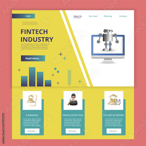 Fintech industry flat landing page website template. E-banking, fraud detection, future of money. Web banner with header, content and footer. Vector illustration.