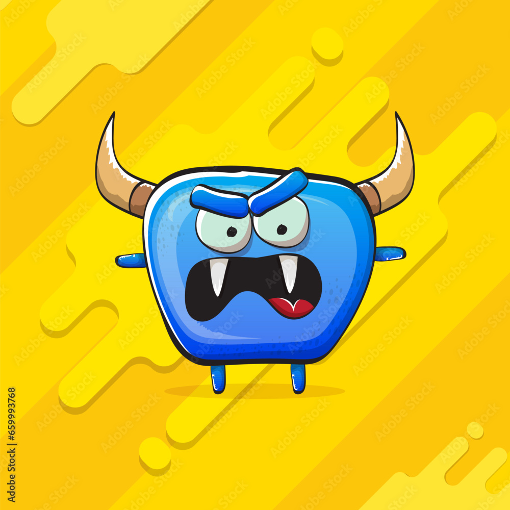 Naklejka premium Vector cartoon funky blue monster with horn isolated on yellow background. Smiling silly blue monster print sticker design template. Ghost, troll, gremlin, goblin, devil and monster