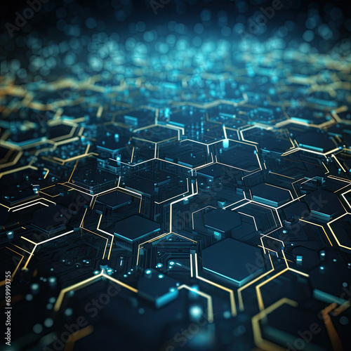 Abstract futuristic background with hexagons and blue neon lights.