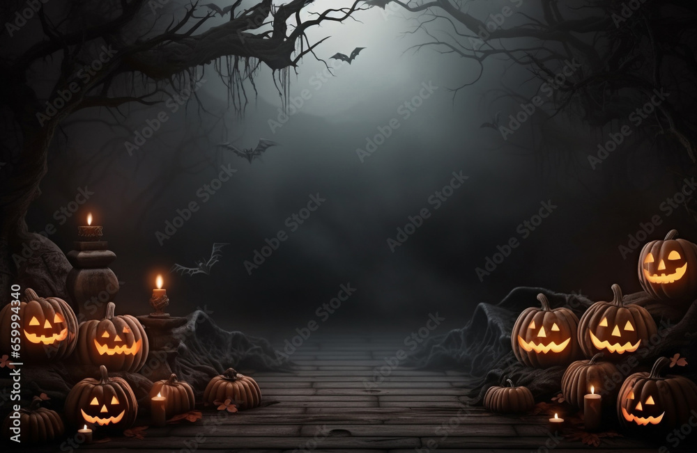 A spooky forest with a haunted evil glowing eyes of Jack O' Lanterns on ...