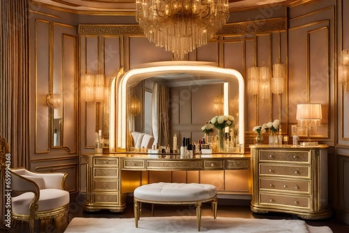 luxury room with dressing table,A luxurious dressing table in an opulent makeup room, adorned with a gleaming mirror surrounded by Hollywood-style bulbs photo