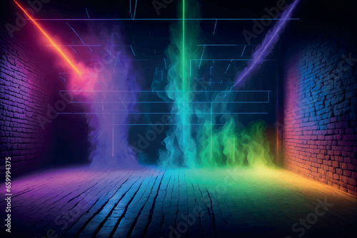 Neon background with colorful smoke in the room