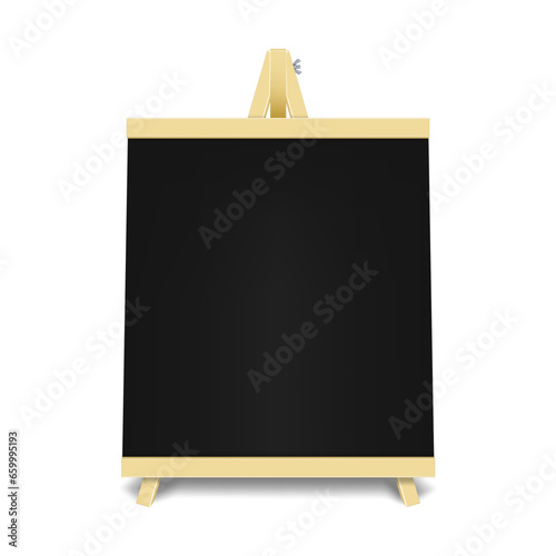 Wooden sandwich black board realistic vector mockup. Blank A-frame chalkboard mock-up. Outdoor sidewalk sign. Menu display stand. Template for design