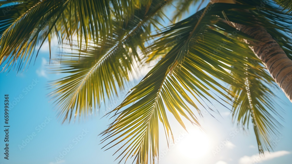 Close up of Palm Leaves at a Tropical Beach. Beautiful Vacation Background