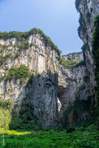 Qinglong Bridge, a remarkable natural wonder among the Three Natural Bridges, graces Wulong Karst National Geology Park in Chongqing, China,