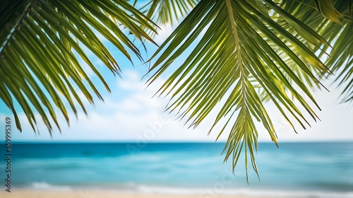 Close up of Palm Leaves at a Tropical Beach. Beautiful Vacation Background © drdigitaldesign