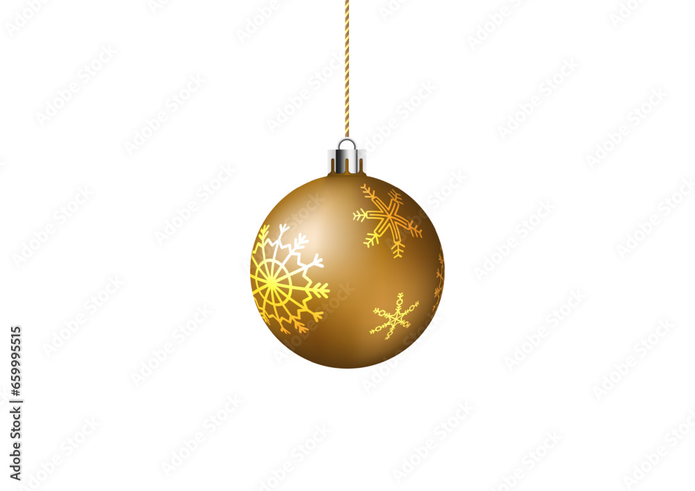 Golden Christmas balls background. Festive xmas decoration gold bauble. Vector object for christmas design.  Classic festive holiday decor bright sphere toy with loop for hanged isolated.
