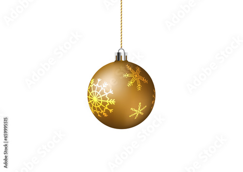 Golden Christmas balls background. Festive xmas decoration gold bauble. Vector object for christmas design.  Classic festive holiday decor bright sphere toy with loop for hanged isolated.