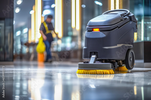 Close up of commercial cleaning machine in front of worker in modern business office. Cleanliness concept of cleaning and working.