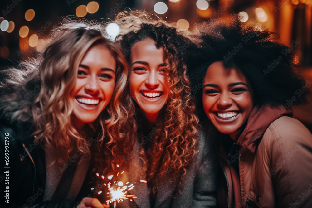 Happy friends three women having fun, spending time together, laughing, celebrating Christmas. Friendship, travel and winter holiday concept. - obrazy, fototapety, plakaty 
