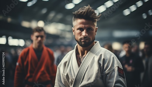 Male fighter in kimono looking to the camera with people blurred in background. karate, brazilian jiu-jitsu, judo