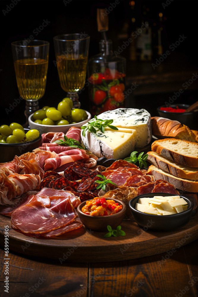Traditional Spanish tapas wooden board with cured meat, cheese, green olives, bread pieces and white wine on black background.Vertical