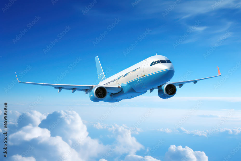 Fototapeta premium Flight of Freedom: Airplane Gracefully Slices Through the Azure Expanse