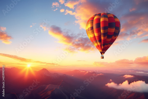 Golden Hour Ascent: Hot Air Balloon Soars Against the Sunset Sky, a Captivating Display of Tranquil Adventure © pkproject