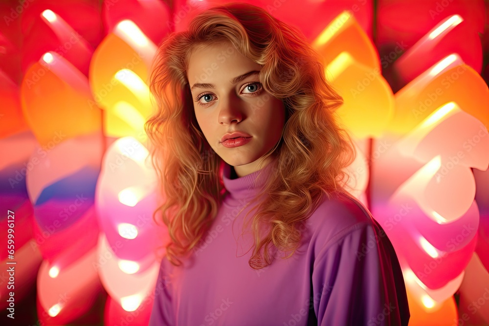 A stylish portrait of a woman in a nightclub setting, surrounded by neon lights and exuding a trendy and vibrant atmosphere.