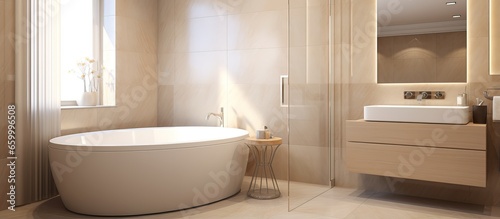 Bathroom tile design with bath and sink for washing