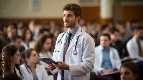 Portrait of a medical student in a bustling lecture hall full of other students photo