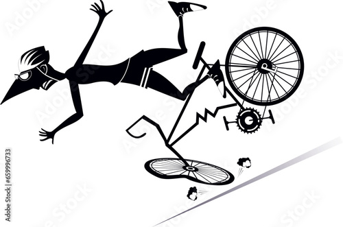 Cyclist falling down from the bicycle. 
Young man falling down from the bicycle. Black and white illustration
