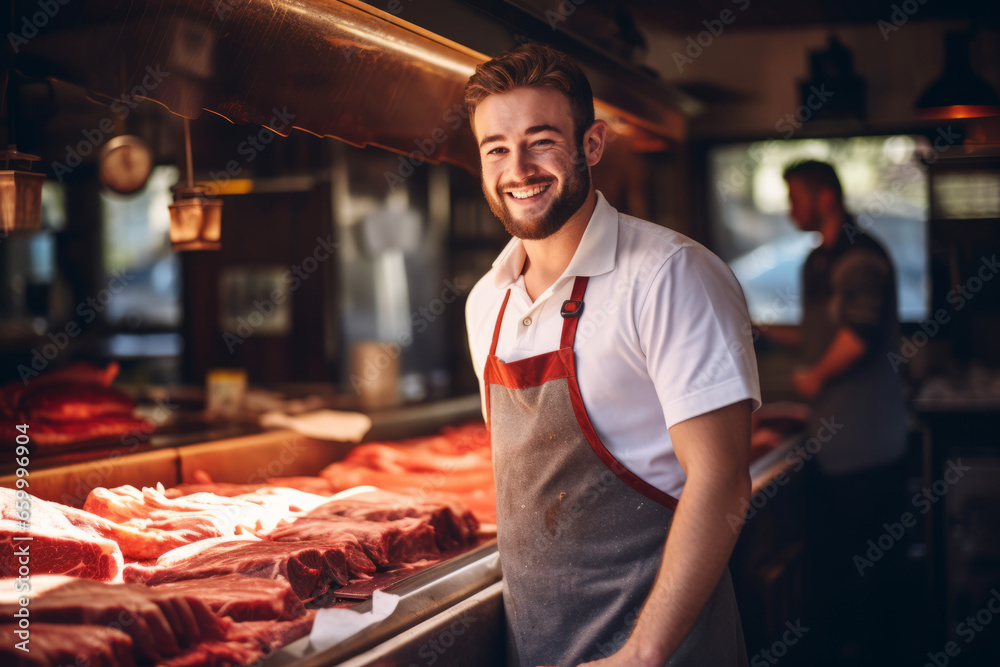 Obraz premium Happy young butcher man standing next to the meat counter