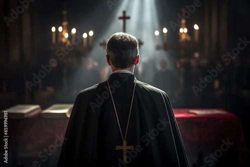 Rear view of priest looking at church interior. Religion concept.