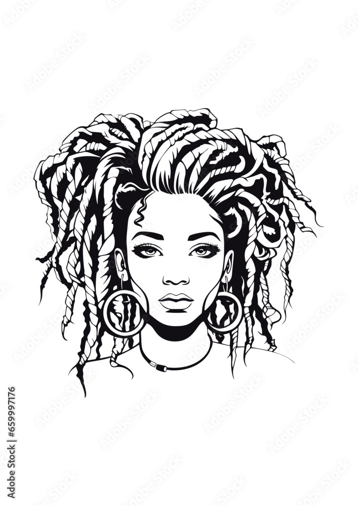 Vector Illustration of a woman with lines drawing for logo,icon, black and white dreadlock	