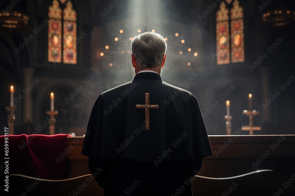 Rear view of priest looking at church interior. Religion concept.