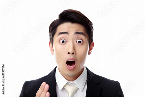 驚いている日本人の男性ビジネスマンのポートレート写真（白背景・サラリーマン・スーツ・仕事・びっくり）