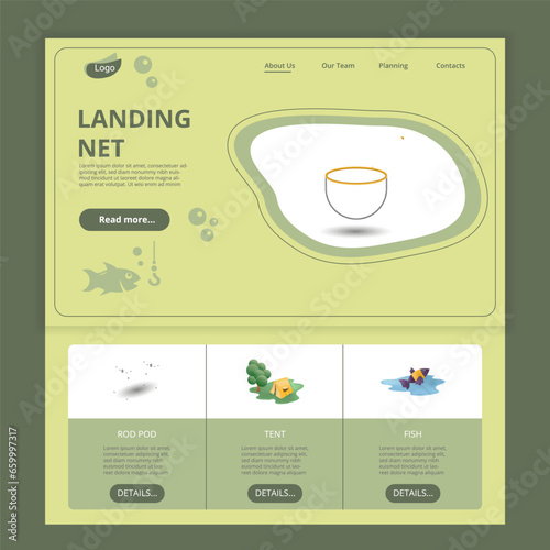 Landing net flat landing page website template. Rod pod, tent, fish. Web banner with header, content and footer. Vector illustration.