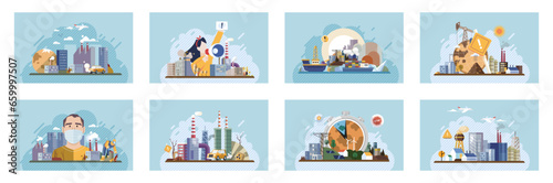 Industrial pollution. Dirty waste. Environmental pollution. Vector illustration. Air, water, and soil pollution by industrial production is most pressing issue our time Factory emitting smoke needs to