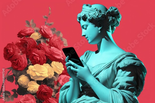 Ancient Greek white statue suing smartphone